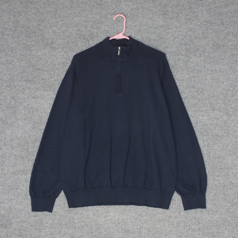 LL Bean Sweater Mens XL Navy Blue Cotton Cashmere Pullover 275298 Quarter Zip - Picture 1 of 4